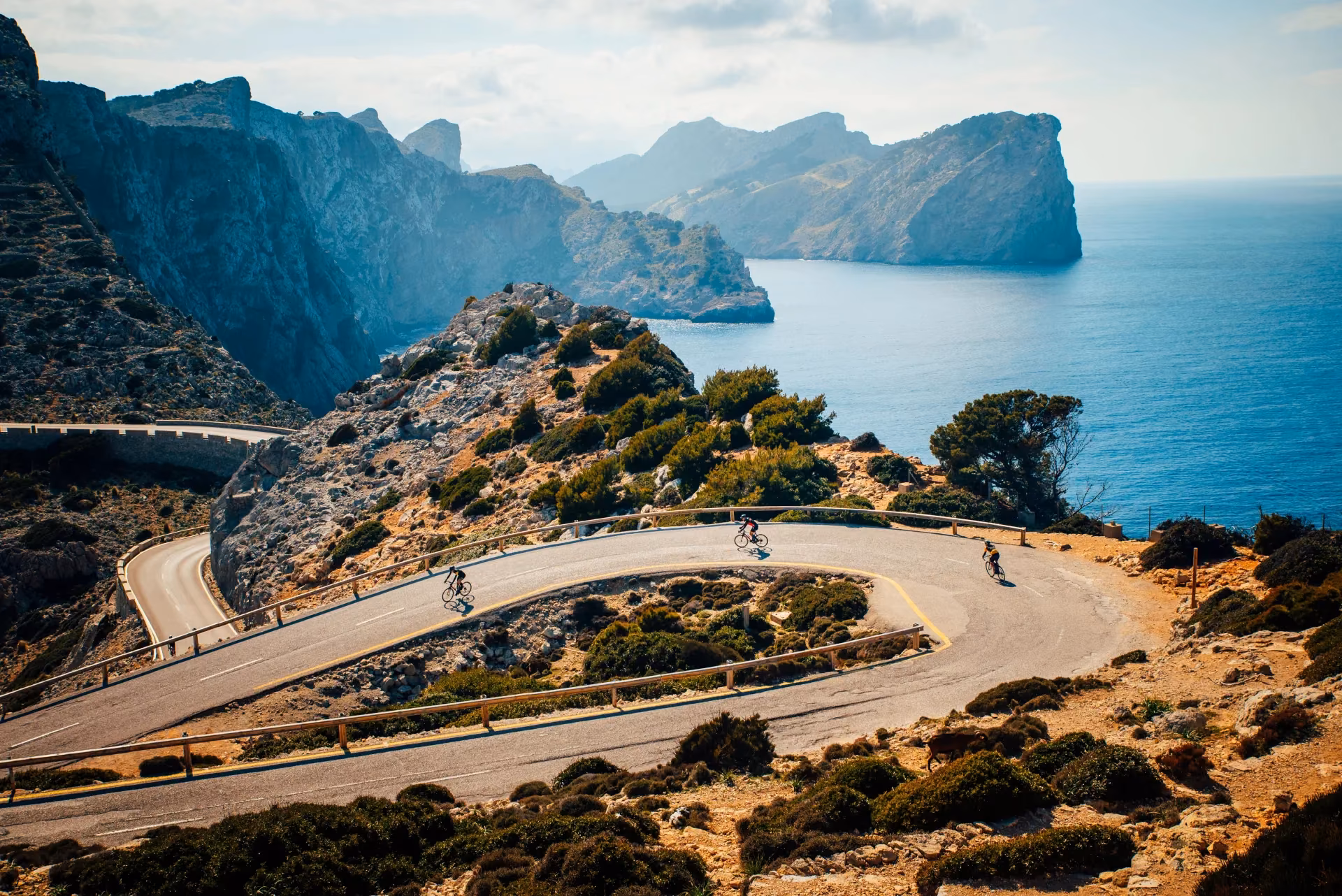 Cyclists descending a hairpin bend on the coastal cliffs of Mallorca